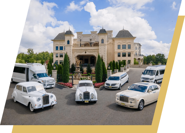Image of mansion with six white limousines